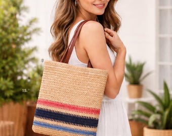 Crochet Tote Bag Woven Summer Handbag Beach Tote Boho Shoulder Bag Lightweight Market Bag White Red Blue Casual Tote