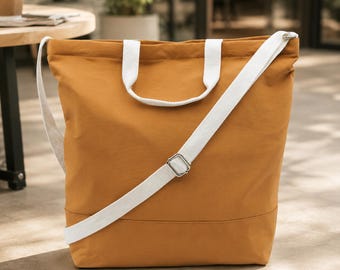 Tan Canvas Tote Bag Large Shoulder Tote Caramel Brown Tote Handbag Crossbody Tote Work Bag Everyday Tote Bag Women