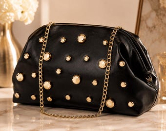 Studded Clutch Bag Black Oversized Clutch Purse Chain Strap Handbag Evening Bag Statement Shoulder Bag