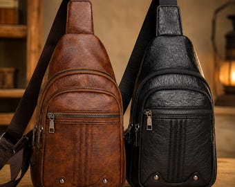Leather Sling Bag Men Women Crossbody Chest Bag Vintage Leather Shoulder Bag Travel Sling Backpack Unisex Everyday Bag