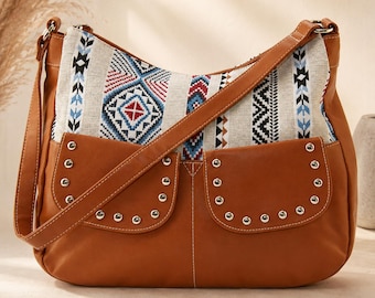 Southwestern Shoulder Bag Boho Studded Handbag Aztec Canvas Purse Tan Faux Leather Crossbody Bag Western Style Purse