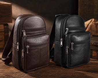 Leather Sling Bag Men Genuine Leather Crossbody Bag Multi Pocket Chest Bag Travel Shoulder Bag Unisex Everyday Bag