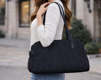 Black Satchel Handbag Soft Leather Tote Bag Large Shoulder Purse Everyday Work Bag Minimalist Office Handbag Women Fashion Bag