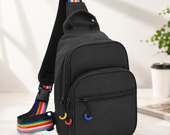 Rainbow Sling Bag Black Crossbody Sling Backpack Rainbow Strap Bag Convertible Shoulder Bag Everyday Travel Bag