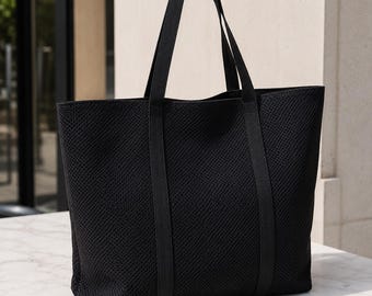 Black Knit Tote Bag Large Perforated Tote Bag Black Shoulder Tote Oversized Market Bag Washable Everyday Tote Women