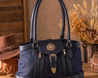 Denim Shoulder Bag Western Boho Handbag Navy Blue Tote Bag Southwestern Concho Bag Faux Leather Trim Everyday Purse
