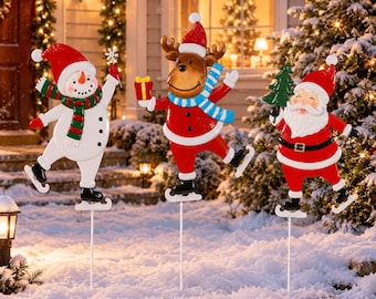 3 Pack Christmas Yard Stakes Metal Snowman Santa Reindeer Skating Outdoor Decor