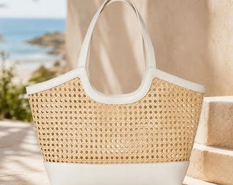 Straw Tote Bag Woven Beach Bag Summer Handbag Large Market Tote Natural Vacation Shoulder Bag Coastal Style Purse