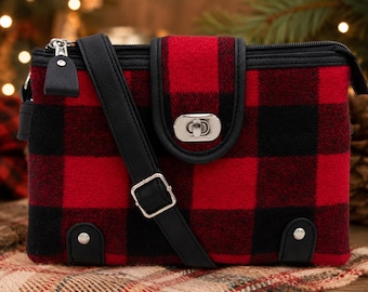 Buffalo Check Crossbody Bag Red Black Plaid Purse Fleece Crossbody Purse Winter Shoulder Bag Womens Plaid Handbag