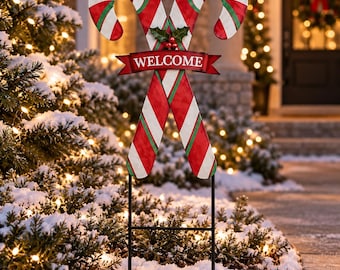 Christmas Candy Cane Welcome Sign Metal Garden Stake Wall Decor Outdoor Yard 27in