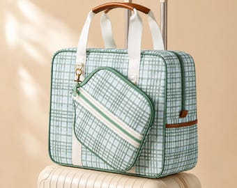 Plaid Pickleball Bag with Paddle Cover Green Blue Pickleball Tote Bag Sports Gear Storage Bag