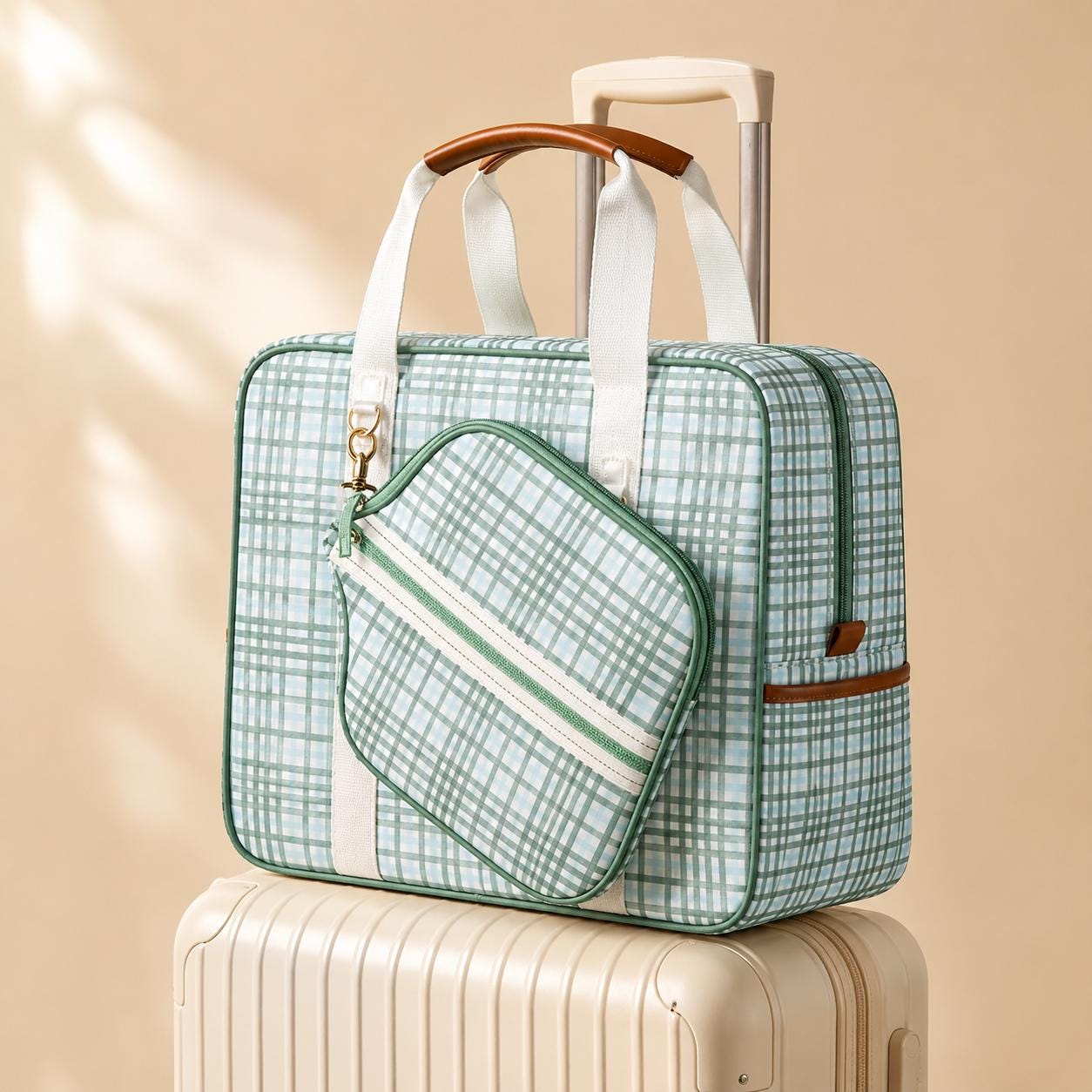 Plaid Pickleball Bag with Paddle Cover Green Blue Pickleball Tote Bag Sports Gear Storage Bag