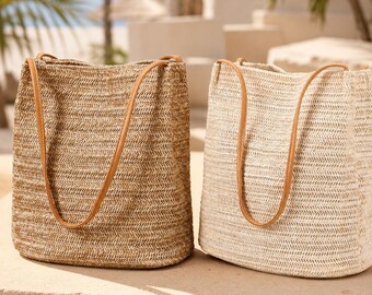 Straw Woven Bucket Bag Beach Tote Crossbody Summer Shoulder Bag Rattan Style Purse Vacation Handbag Boho Tote