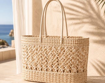 XL Straw Tote Bag Woven Beach Handbag Large Summer Tote Natural Ivory Market Bag Vacation Travel Shoulder Bag