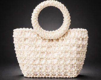 Mini Pearl Beaded Bucket Bag Ivory Elegant Handbag Small Evening Purse Cute Top Handle Bag Wedding Party Bridal Clutch