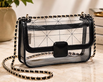 Clear Crossbody Bag Transparent Purse Stadium Approved Bag Chain Strap Shoulder Bag Black Trim Handbag
