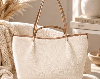 Sherpa Tote Bag Large Tote Bag Faux Shearling Tote Cream Shoulder Bag Oversized Everyday Handbag Winter Tote