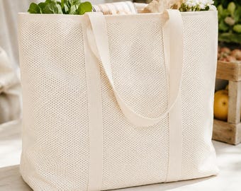 Cream Knit Tote Bag Large Shoulder Tote Ivory Perforated Tote Bag Oversized Market Bag Washable Everyday Tote