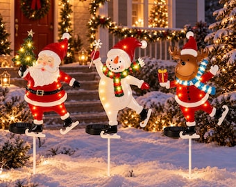 3 Pack Solar Christmas Yard Stakes Metal Snowman Santa Reindeer LED Pathway Lights