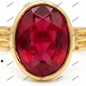 Op de afbeelding: Een gouden ring met een grote, ovaal geslepen, dieprode edelsteen in een gladde zetting. De ringband heeft een gespleten ontwerp met twee parallelle staven aan elke kant. De tekst "Craftella AE" is herhaald als watermerk over de afbeelding.