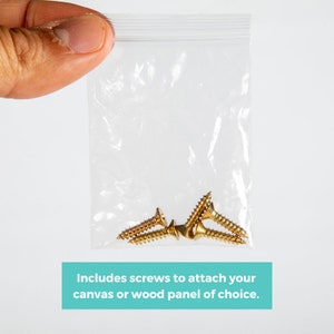 Puede incluir: Primer plano de una peque&ntilde;a bolsa de pl&aacute;stico que contiene tornillos de color dorado. El texto "Includes screws to attach your canvas or wood panel of choice." est&aacute; impreso debajo de la bolsa.