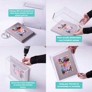 Puede incluir: Una caja de sombra de acr&iacute;lico transparente con una pintura abstracta colorida en su interior. La caja de sombra se asegura al lienzo con tornillos. La imagen muestra los pasos para colgar el arte enmarcado horizontal o verticalmente.