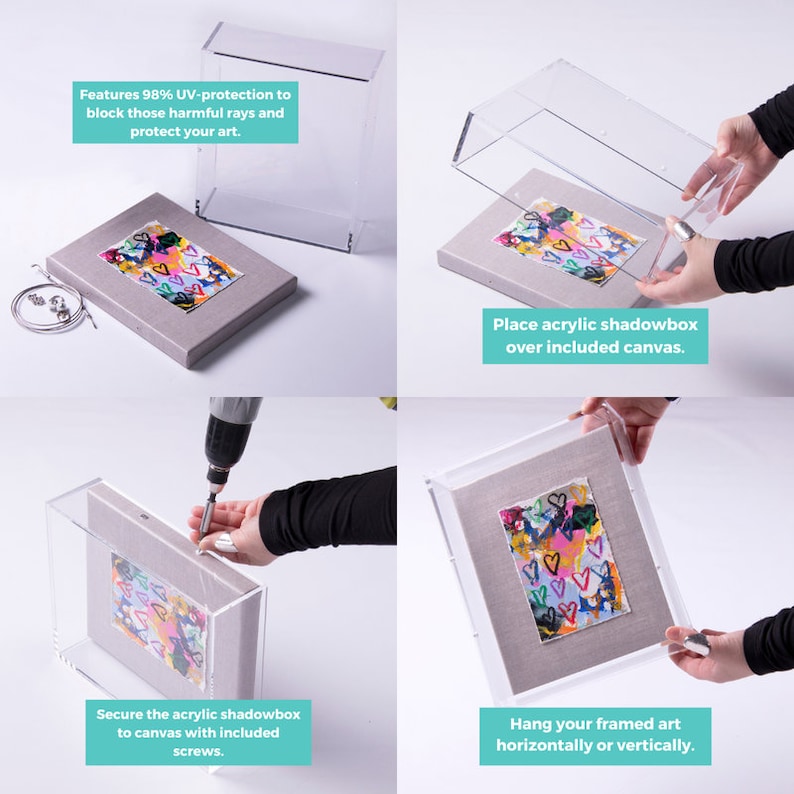 Puede incluir: Una caja de sombra de acr&iacute;lico transparente con una pintura abstracta colorida en su interior. La caja de sombra se asegura al lienzo con tornillos. La imagen muestra los pasos para colgar el arte enmarcado horizontal o verticalmente.