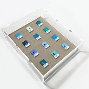 May include: A clear acrylic display case holds a collection of small, rectangular Pantone-style pins. Each pin features a person swimming in various shades of blue. The pins are arranged on a tan fabric surface.