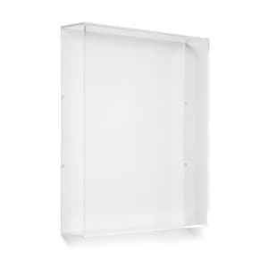 May include: A rectangular, clear acrylic display case with a hollow interior and open front. The structure features transparent side panels and a solid back panel, held together by small, visible metal fasteners along the vertical edges.