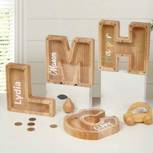 Alcancía de madera con letras personalizadas para niños, caja de monedas con nombre personalizado, alcancía con alfabeto, regalo de cumpleaños, regalo de baby shower