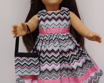 18 inch American Made Girl Doll Clothes Grey Pink and Black Chevron Print Doll Dress fits 18 inch dolls