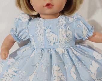 10" 12" 14" American Made Smaller Girl Doll Clothes Blue N White Bunny Print N Lace  Baby Doll Dress with panties Fits smaller Baby Dolls