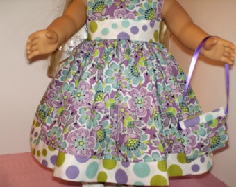 18" American Made Girl Doll Clothes Purple Dots N Floral Print Classic Doll Dress 18 inch Dolls