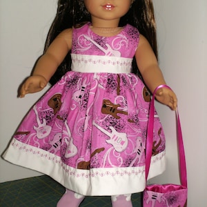 18&quot; American Made Classic Girl Doll Clothes Pink Guitar Print Doll Dress fits 18 inch Dolls