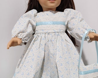 American Made 18" Girl Doll Clothes Creamy White and Blue Floral Print Girl Doll Dress fits 18" Dolls