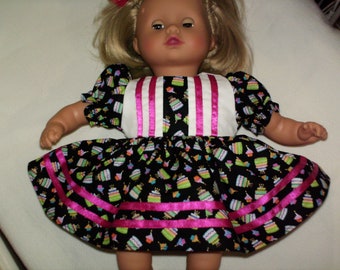 10" 12" to 14" American Made Smaller Girl Baby Doll Black with Tiny Birthday Cake Print Doll Dress N Panties  fits Smaller Baby dolls