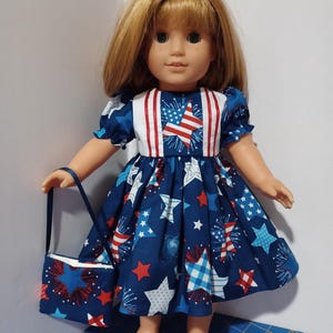 American Made 18&quot; Girl Doll Clothes Navy N Red White N Blue Patriotic Star Print Classic Doll Dress 18 inch Dolls