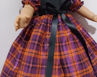 18" American Made Girl Doll Clothes Orange N Purple Plaid N Black Satin Doll Dress fits 18" Dolls