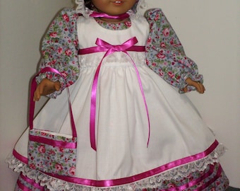 American Made 18" Girl Doll Clothes Lavender Pink Floral Old Fashion Dress Up Pioneer Doll Dress with Pinafore Bonnet fits 18 inch Dolls