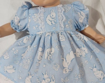 15" 16" American Made Girl Baby Doll Clothes Blue N White Bunny Print N Lace Doll Dress with panties fits 14" 15" 16" Dolls