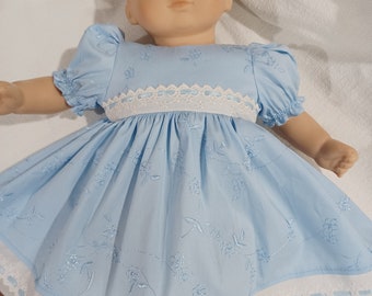 14" 15" 16"  American Made Girl Baby Doll Clothes Blue Embroidered Eyelet Doll Dress with Panties Fits Baby Dolls