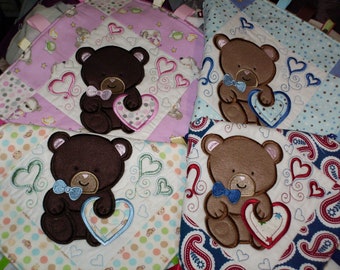 American Made Soft Flannel Ribbon Square Chew Quilt with Embroidered Bear- Minky Lap Blanket Love Baby Blanket Boy or Girl Shower Gift B005