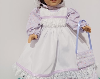 American Made 18" Girl Doll Clothes Lavender Floral Old Fashion Dress Up Pioneer Doll Dress with Pinafore Bonnet fits 18 inch Dolls