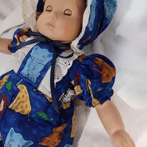 15&quot; 16&quot; American Made Baby Doll Clothes Blue N Zoo Animal Print Doll Romper N Bonnet  fits  Girl Baby Dolls