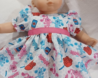 15 to 16 inch American Made Girl Baby Doll Clothes Blue N Magenta Puppy Print Doll Dress with Panties fits 14-16" Baby Dolls
