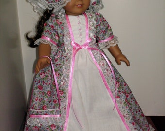 American Made 18" Girl Doll Outfit Lavender N Pink Floral Colonial Doll Dress Mop Cap N Pantaloons fits 18 inch Dolls