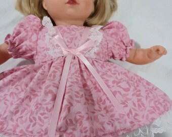 10" 12" to 14" American Made Girl Smaller Baby Doll Pink leaf Print N Lace Doll Dress N Panties  fits Smaller Baby dolls