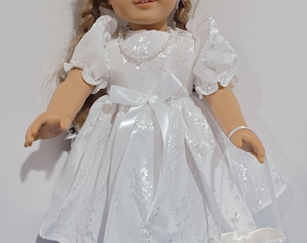 18" American Made Girl Doll Clothes White Floral Satin Classic Doll Dress Fits 18 inch Dolls