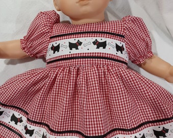 15" 16" American Made Girl Baby Doll Clothes Red Check N Scottie Dog Ribbon Doll Dress with panties fits 14-16" Baby Dolls