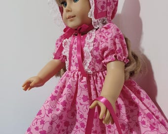 American Made 18" Girl Doll Clothes Pink on Pink Leaf Print N Lace Party Doll dress with Bonnet and Shoes Fits 18" Dolls
